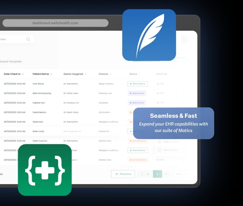 EHR dashboard with Scribematic and Codematic agent badges, and a Seamless and Fast callout