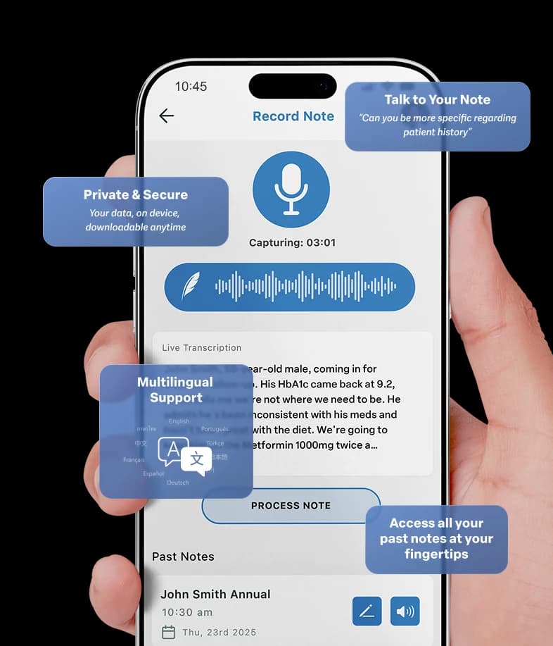 Matic Go on a phone with on-screen callouts highlighting Talk to Your Note, Private and Secure, Multilingual Support, and access to past notes