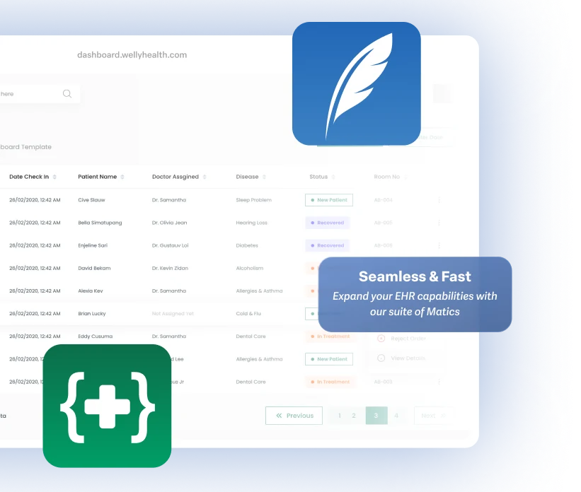 EHR dashboard with Scribematic and Codematic agent badges, and a Seamless and Fast callout