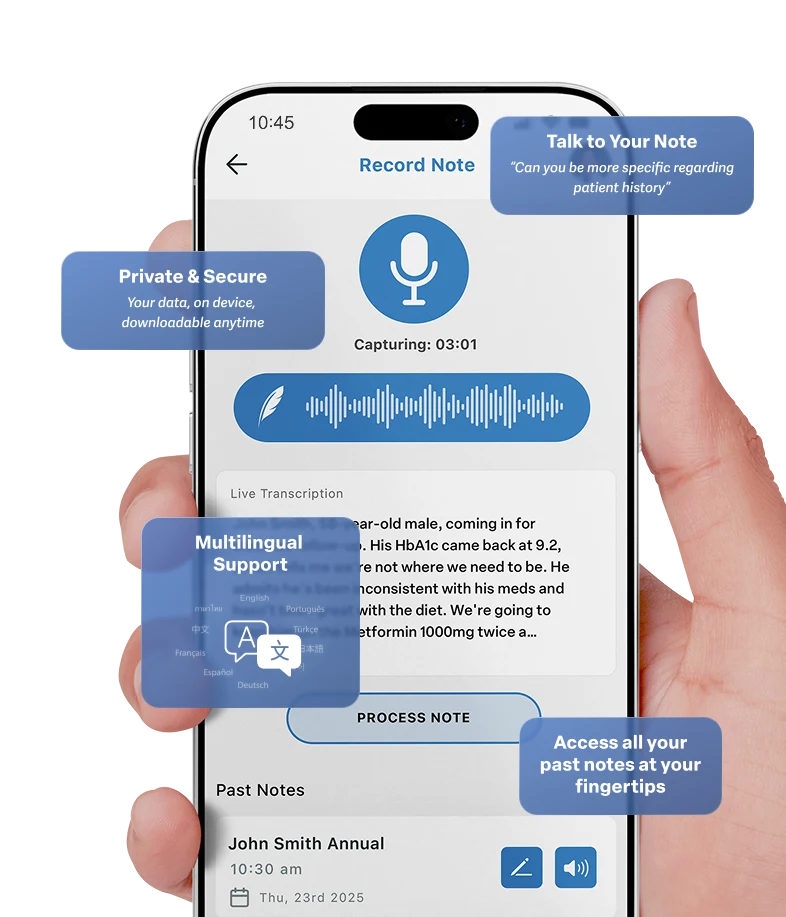 Matic Go on a phone with on-screen callouts highlighting Talk to Your Note, Private and Secure, Multilingual Support, and access to past notes